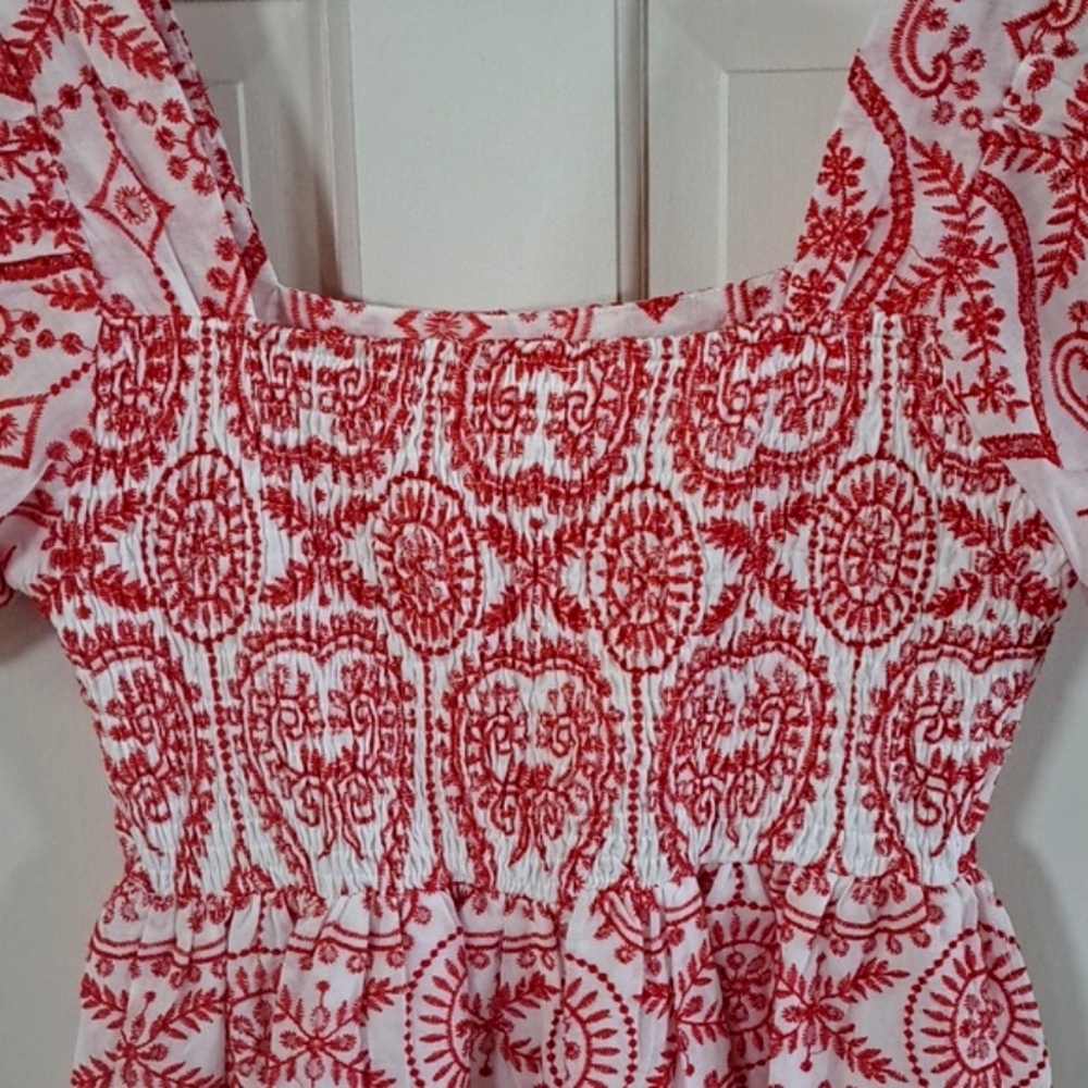 NWT Embroidered So Me 100% Cotton  Red/wht Eyelet Babydoll Dress Empire Waist - Picture 9 of 12